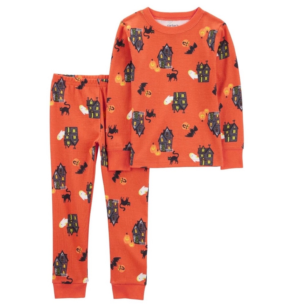 Carter’s Halloween 2 Piece Long Sleeve Pajamas Haunted House Orange Size 4T